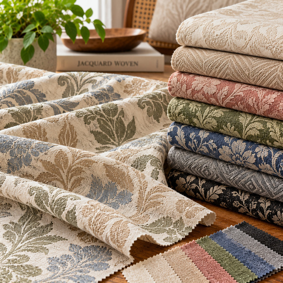 Floral botanical jacquard fabric in cream, sage and blue alongside patterned woven fabric samples; Primeval fabric sourcing reference PML-FAB-015