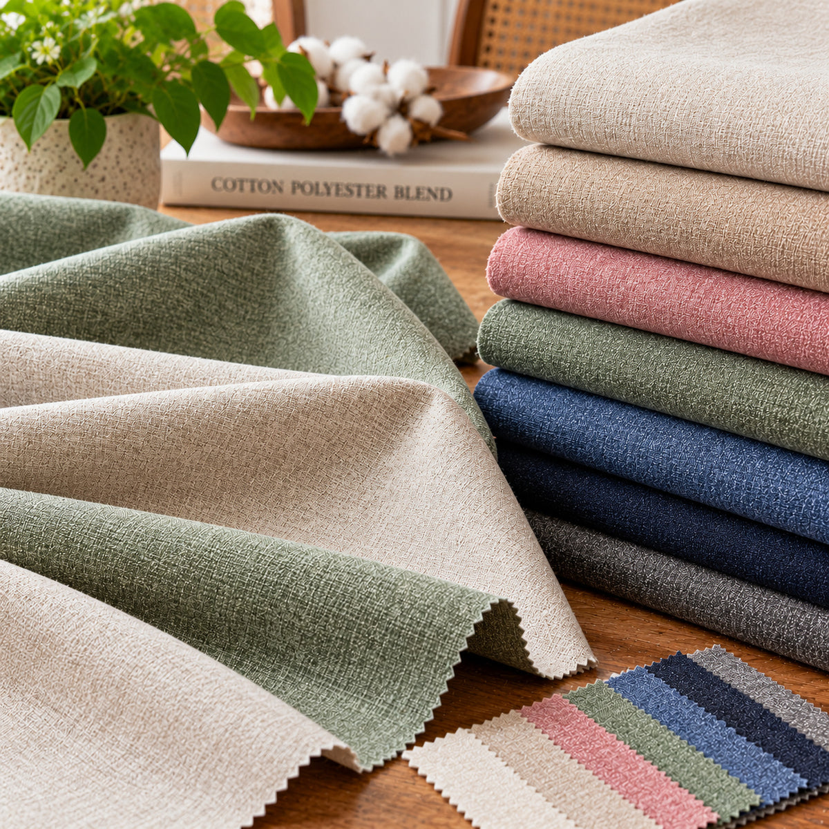 Cotton polyester blended fabric reference in sage green and neutral folded swatches; Primeval fabric sourcing reference PML-FAB-016