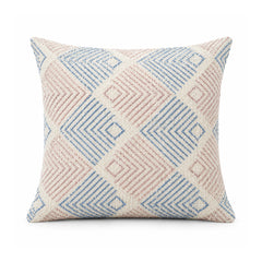 Primeval powder blue blush pink and ivory cushion cover with a repeating diamond pattern formed from fine chevron lines