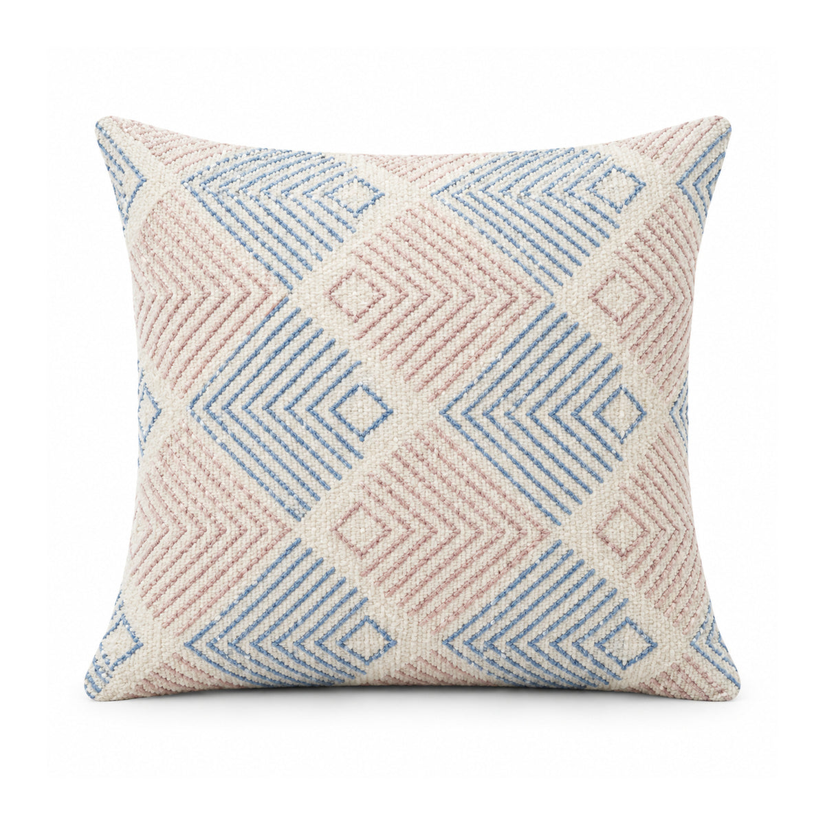 Primeval powder blue blush pink and ivory cushion cover with a repeating diamond pattern formed from fine chevron lines