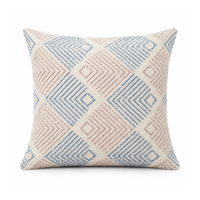Primeval powder blue blush pink and ivory cushion cover with a repeating diamond pattern formed from fine chevron lines