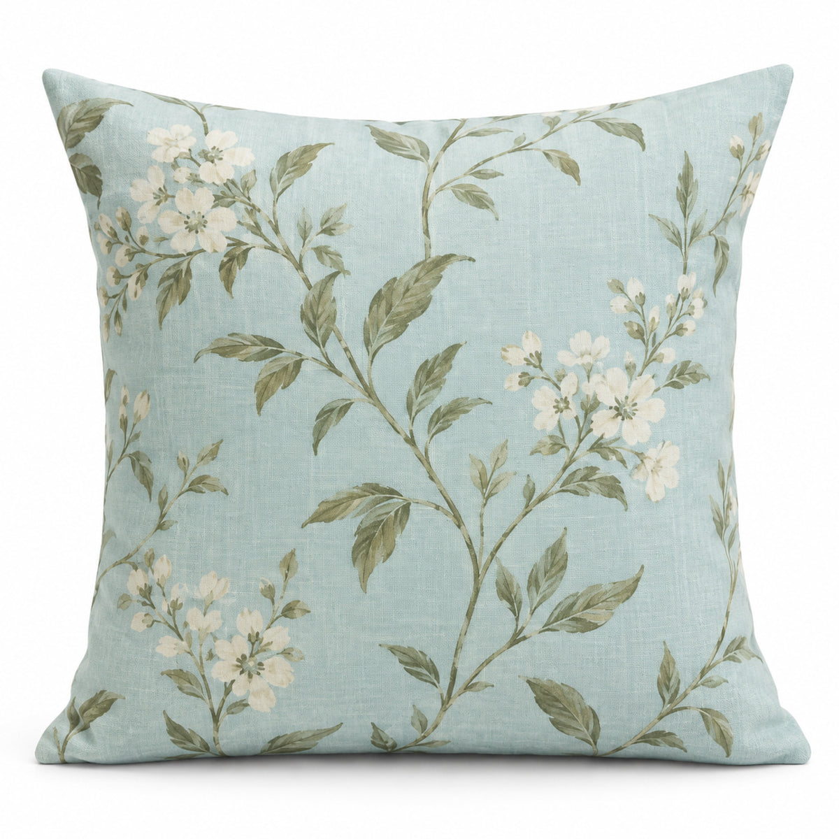 Powder blue decorative cushion with vintage ivory botanical floral print