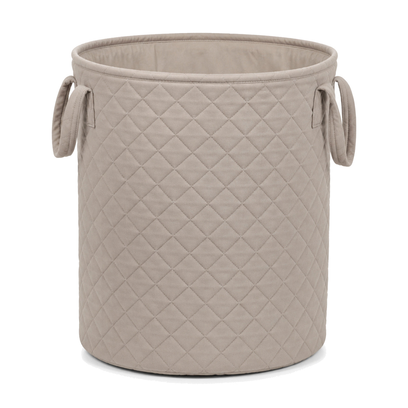 Quilted greige cotton laundry basket on a clean white background