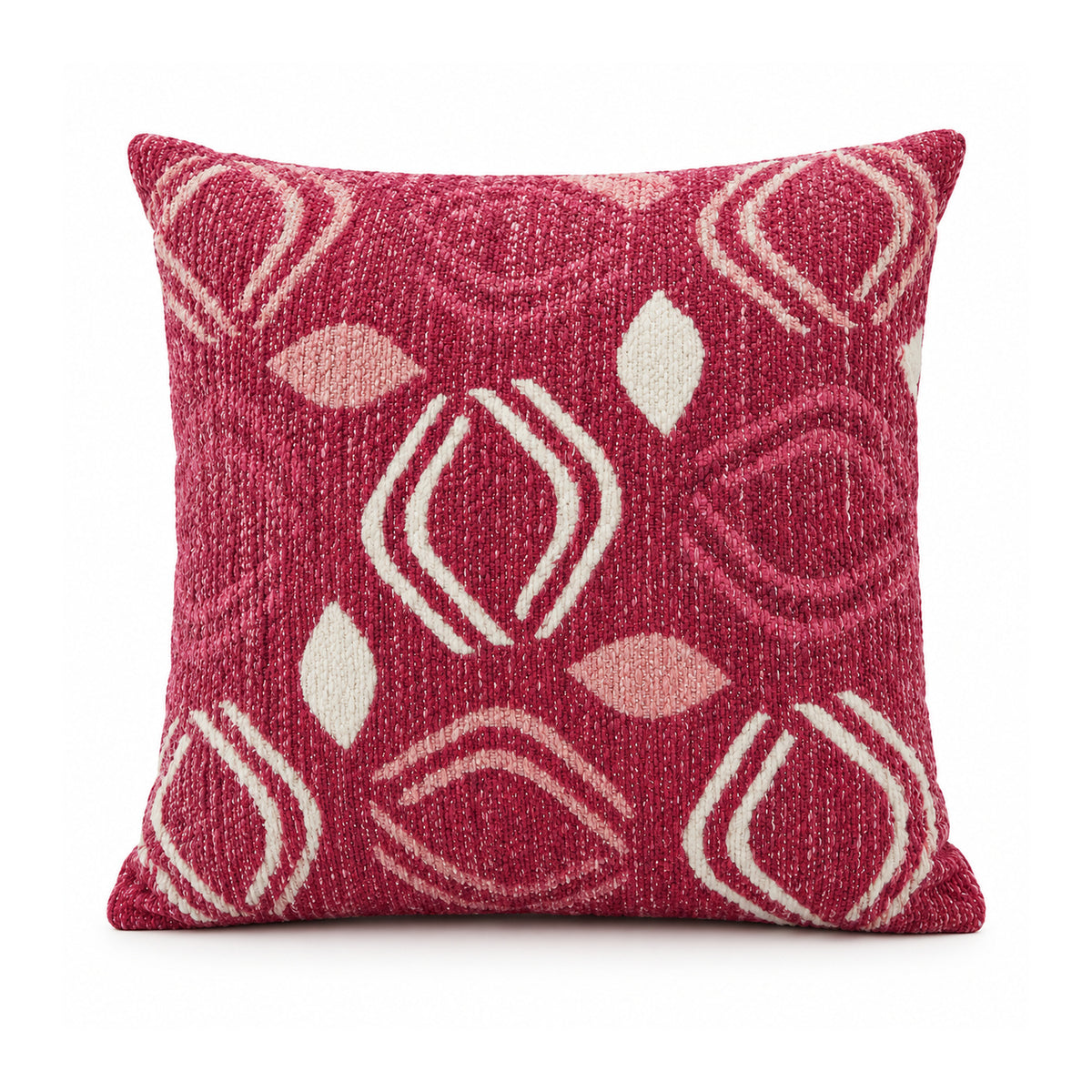 Primeval raspberry pink and ivory decorative cushion cover with repeated stylized pointed leaf and elongated diamond motifs
