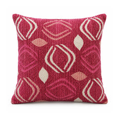 Primeval raspberry red cushion with contrasting ivory elongated diamond leaf motifs and geometric shapes