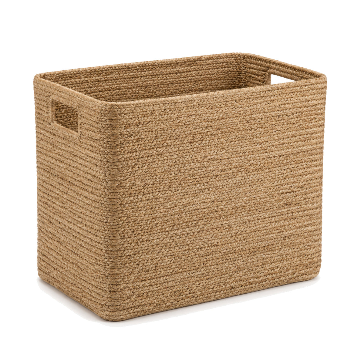 Primeval rectangular natural jute laundry basket with integrated side handles on a white background