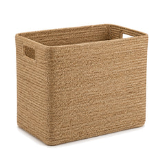 Primeval rectangular natural jute laundry basket with integrated side handles on a white background
