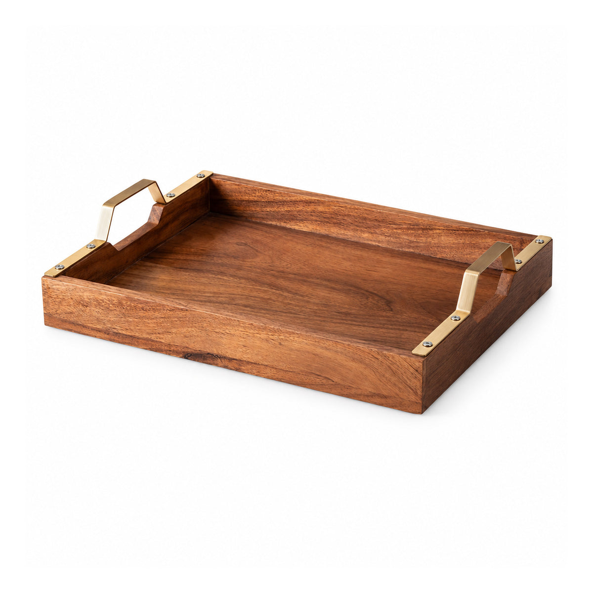 Dark walnut-tone rectangular wooden serving tray with low raised sides, sweeping brown grain and two angular brass-tone metal-look carrying handles