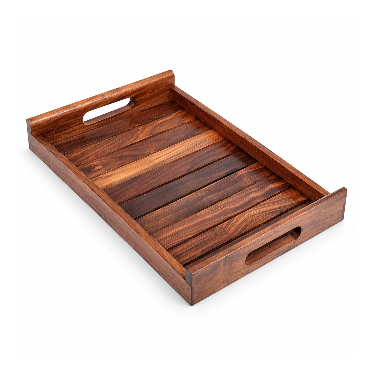 Deep dark-brown rectangular wooden serving tray with raised straight sides, narrow wood slats across the base and cutout handgrips at both ends