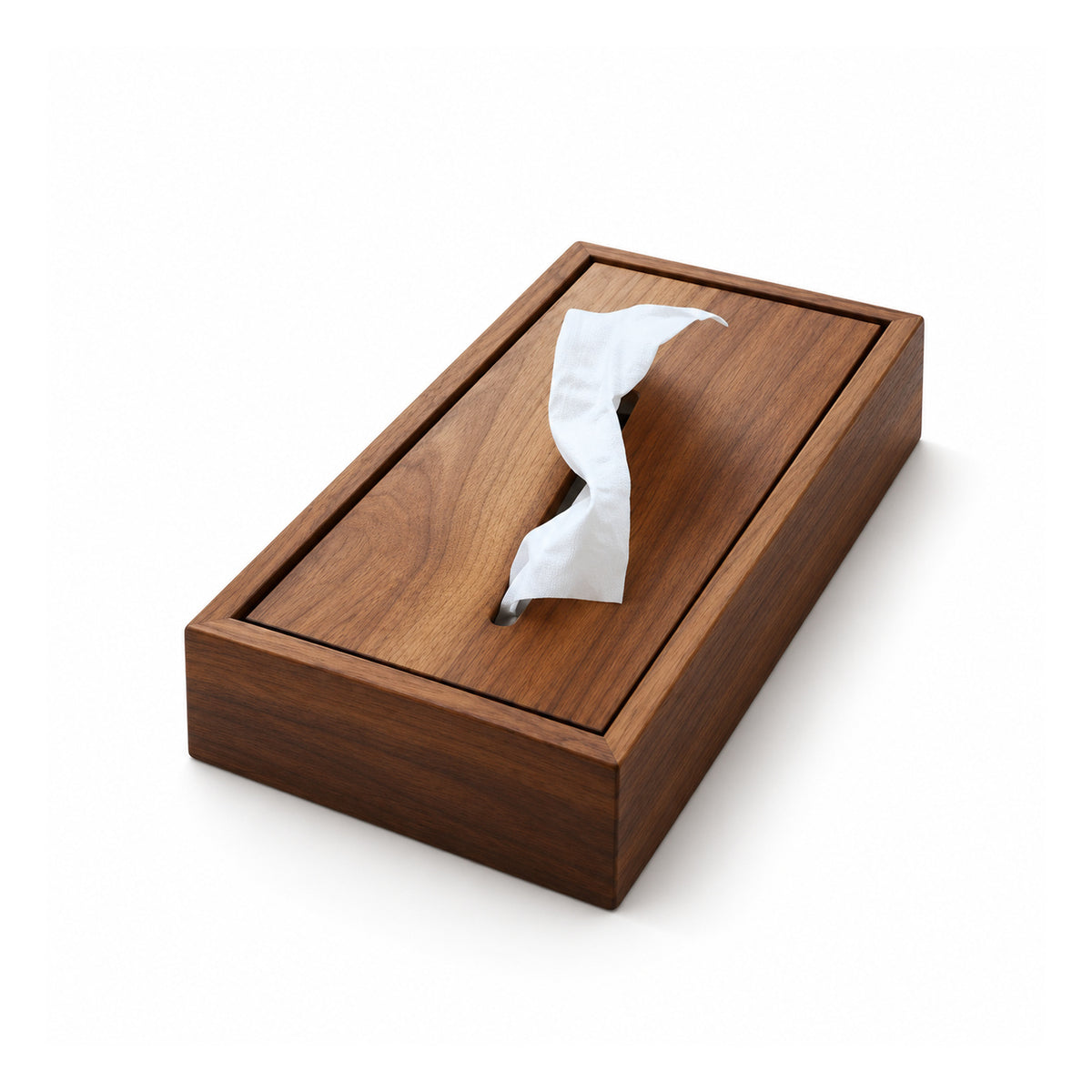 Low rectangular dark walnut-tone wooden facial tissue box cover with straight wood grain and a white tissue emerging through its top slot
