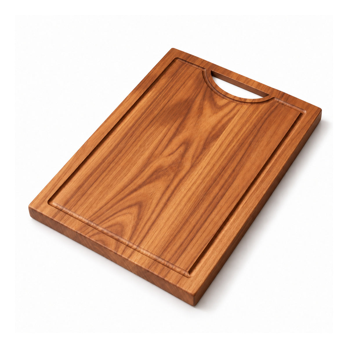Warm honey-brown rectangular wooden cutting board with recessed perimeter juice groove, thick-looking edges and curved grip cutout