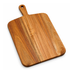 Warm brown rectangular wooden paddle cutting board with gently rounded corners, short centered grip handle, hanging hole and pronounced lengthwise grain
