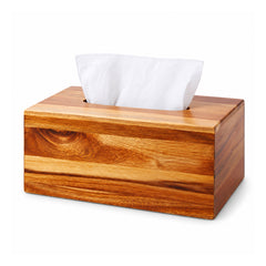 Rectangular wooden tissue dispenser with warm striped wood grain, tissue opening on top and white tissues visible
