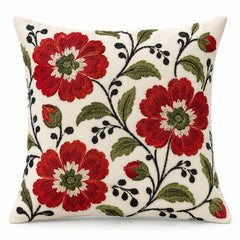 Ivory decorative cushion cover with bold red floral and green botanical design