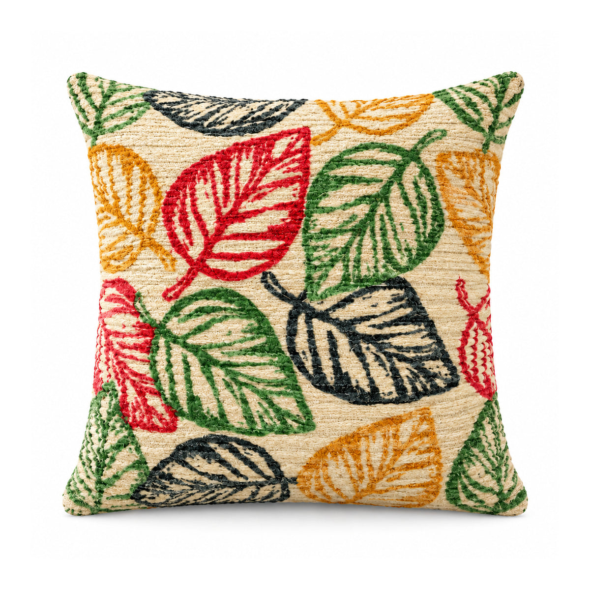 Primeval decorative throw cushion with red, mustard, olive green and black stylized tropical leaves on ivory