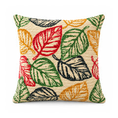 Primeval decorative throw cushion with red, mustard, olive green and black stylized tropical leaves on ivory