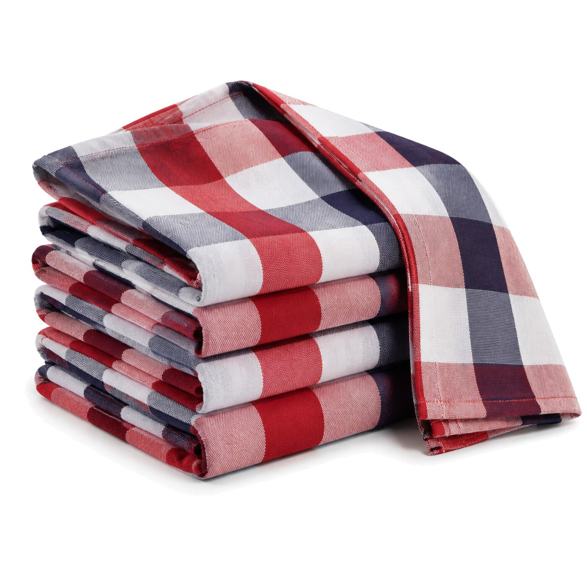 Primeval red navy and white buffalo check cotton kitchen towel set in folded studio presentation