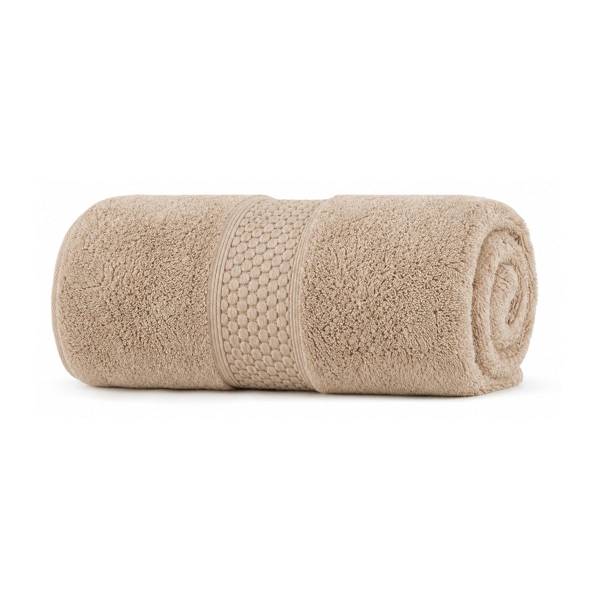 Beige towel with textured band for neutral bathroom, spa and hospitality collections