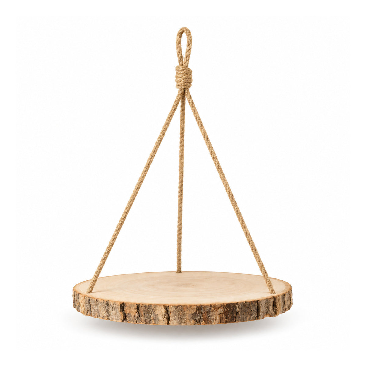 Round bark-edge wooden hanging shelf suspended by three beige rope supports joined at a visible top knot and loop