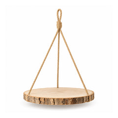 Round bark-edge wooden hanging shelf suspended by three beige rope supports joined at a visible top knot and loop