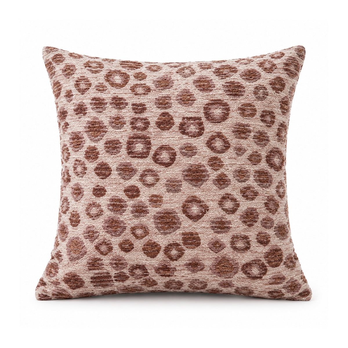 Primeval muted mauve rose and chocolate brown cushion cover featuring irregular leopard-inspired animal spots