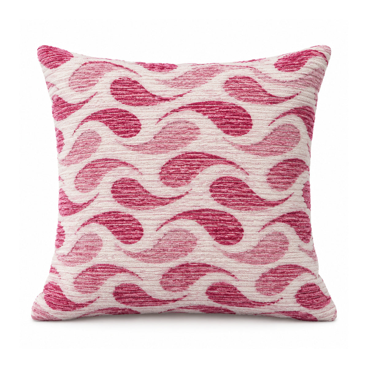 Primeval decorative throw cushion with rose pink wavy scallop pattern on a cream background, shown against a white background
