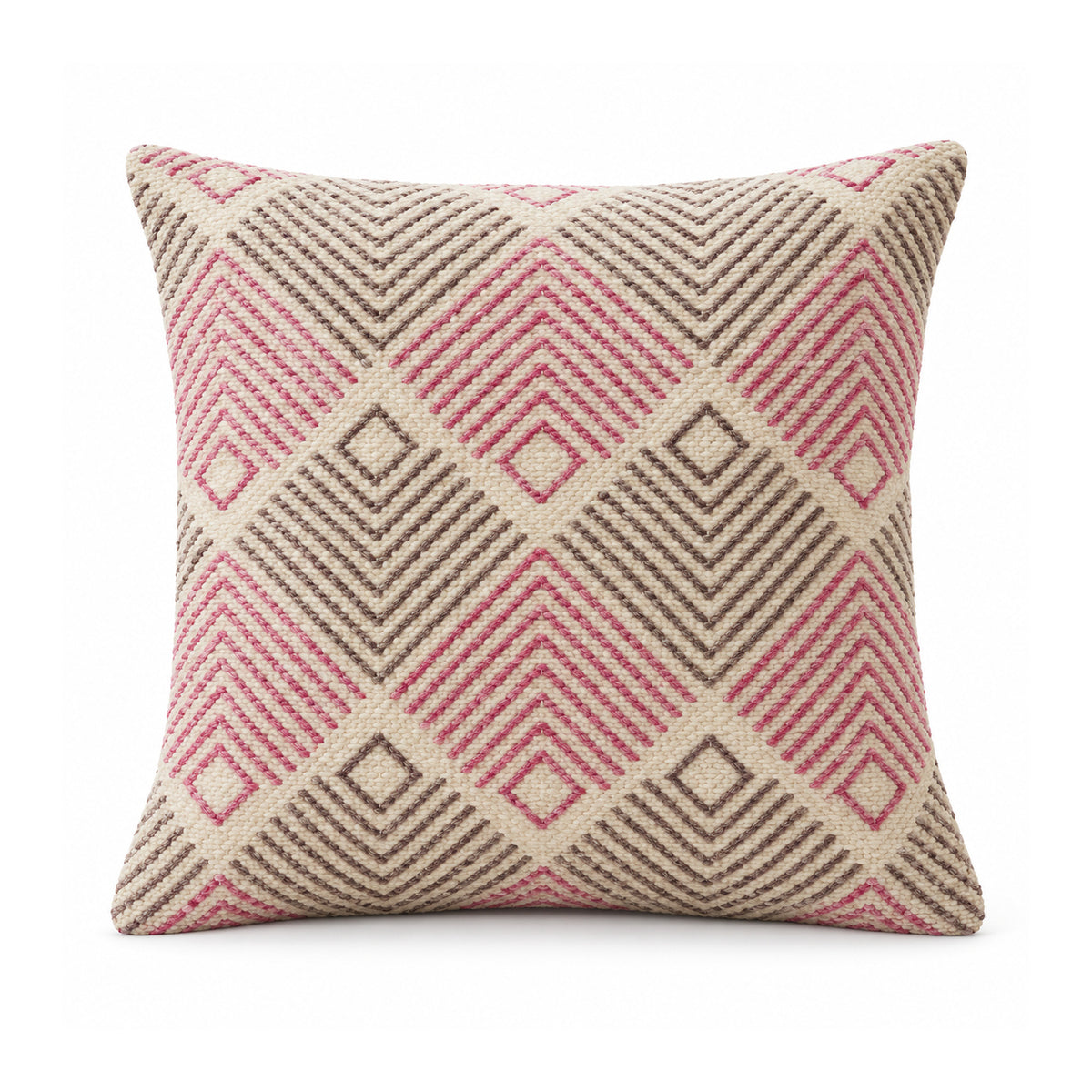Primeval dusty rose pink and olive grey cushion cover with chevron-filled diamond shapes in a repeating geometric arrangement