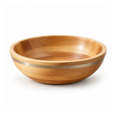 Wide round light-wood bowl with smooth curved sides and a slender grey horizontal accent band near the rim