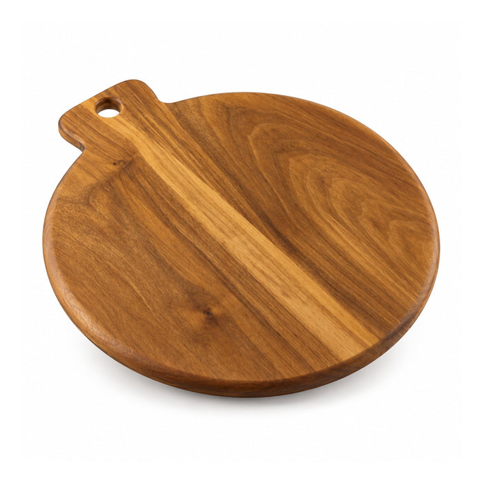 Round natural brown wooden serving board with sweeping visible wood grain and a small offset side-tab handle with hanging hole