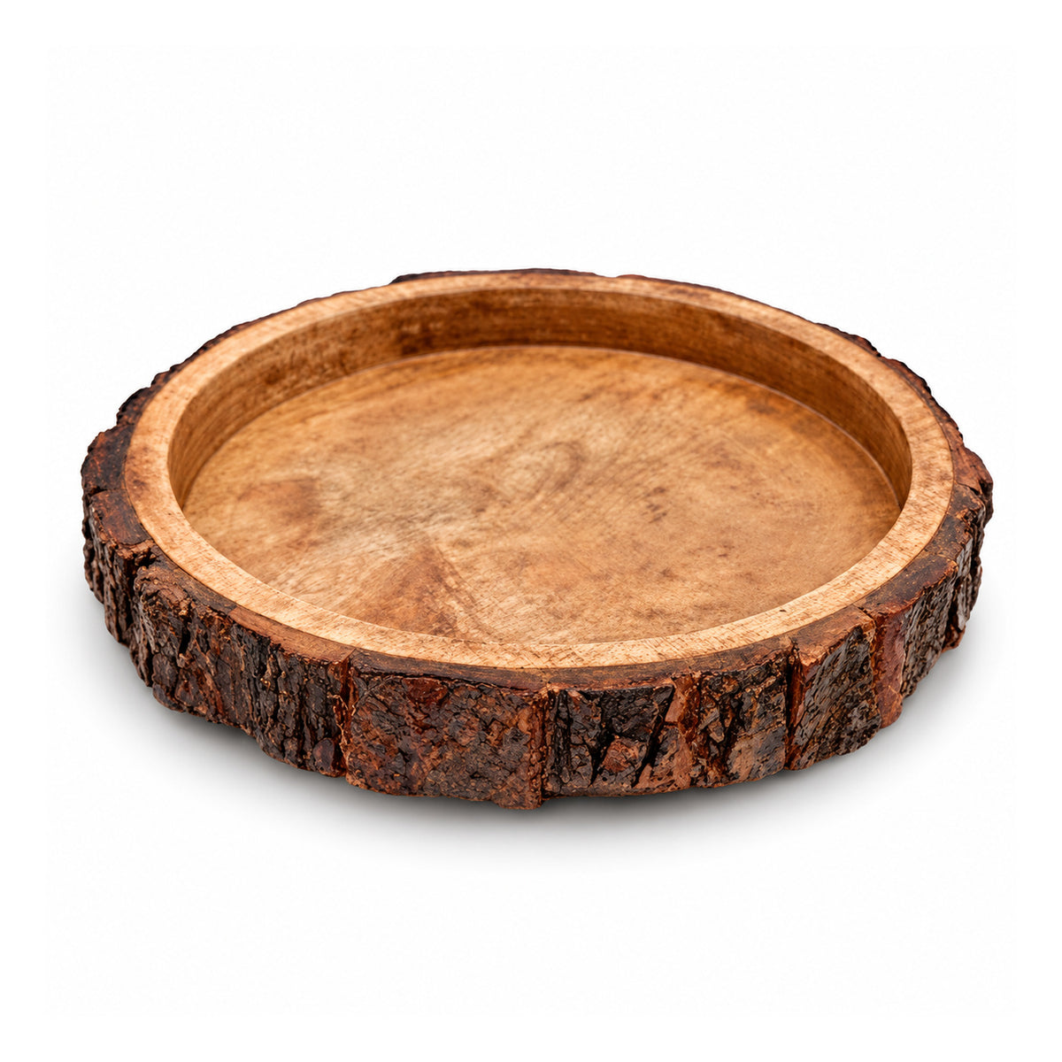 Low round wood-slice decorative platter with shallow smooth warm-tan center and thick dark irregular bark rim