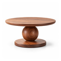 Round chestnut-brown wooden cake stand with a thin circular top, large spherical pedestal and flat disc foot