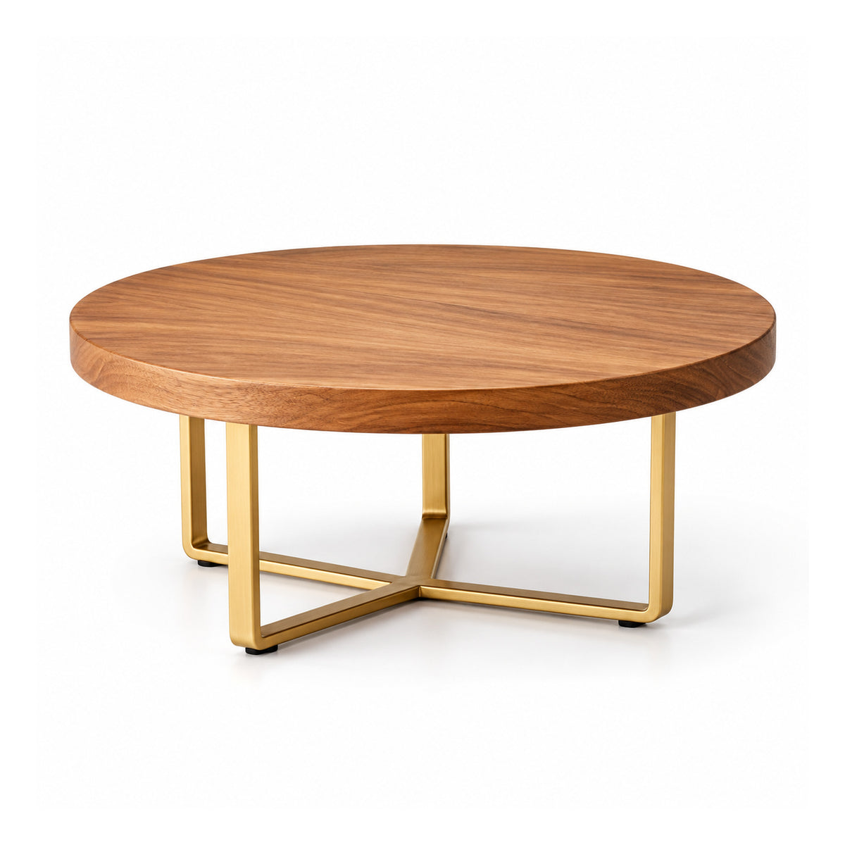 Round natural-brown wooden display plate raised on a thin open-square gold-tone metal frame
