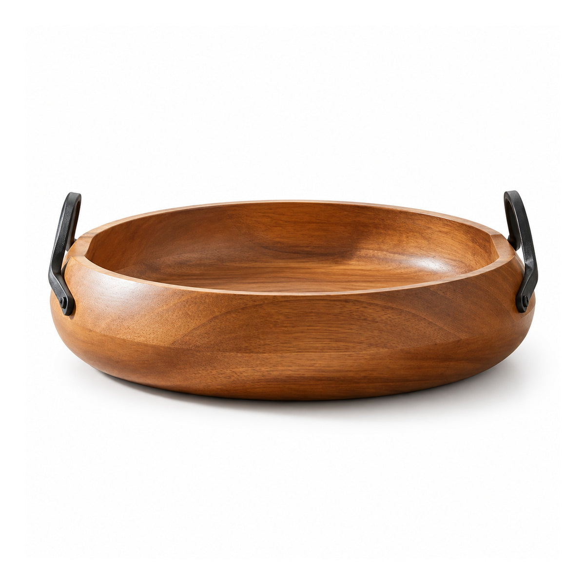 Low round warm-brown wooden bowl with deep curved interior and two upright black metal-look side handles