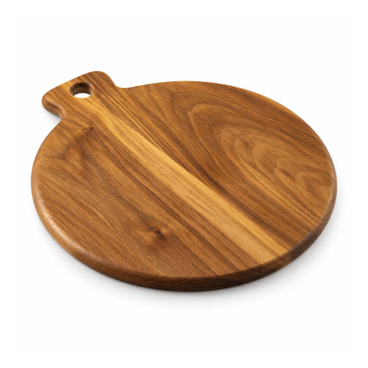 Round honey-brown wooden serving board with broad swirling natural grain, softly beveled edge and a short tab handle with hanging hole