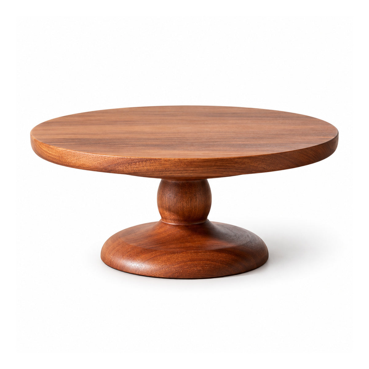 Round reddish-brown wooden display stand with a flat circular top, small ball-shaped pedestal and flared base