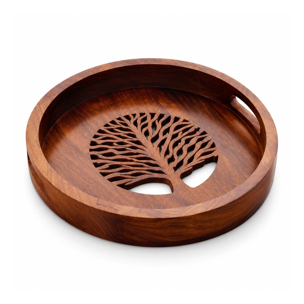 Round dark wooden tray with raised rim, oval cutout side handles and decorative tree silhouette cutout in the base