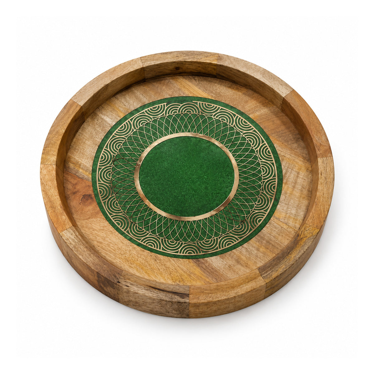 Round honey-brown wooden tray with a raised rim and a dark green circular mandala-style patterned center