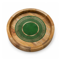 Round honey-brown wooden tray with a raised rim and a dark green circular mandala-style patterned center