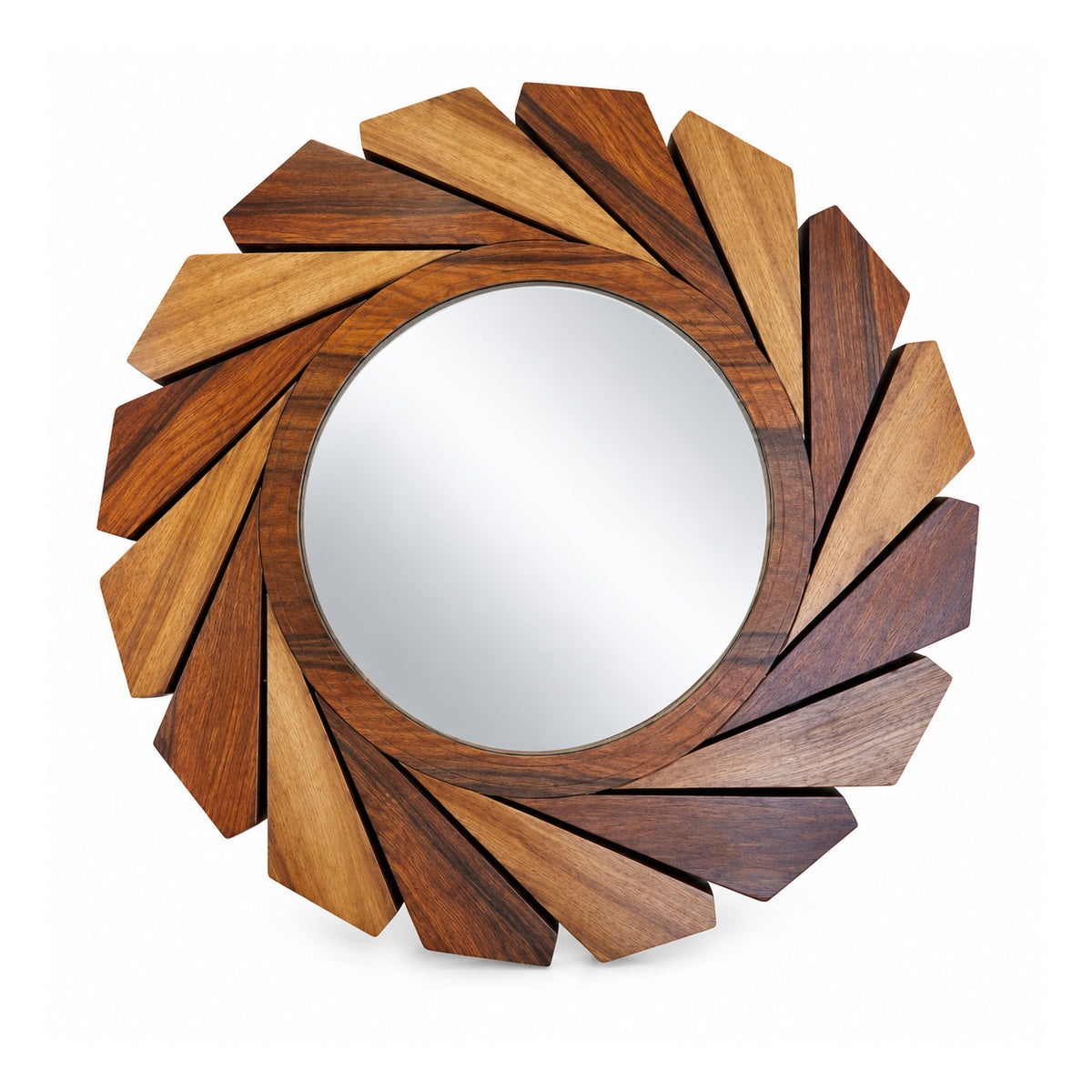 Circular wall mirror with broad frame made from overlapping radial wooden slats in mixed natural brown tones