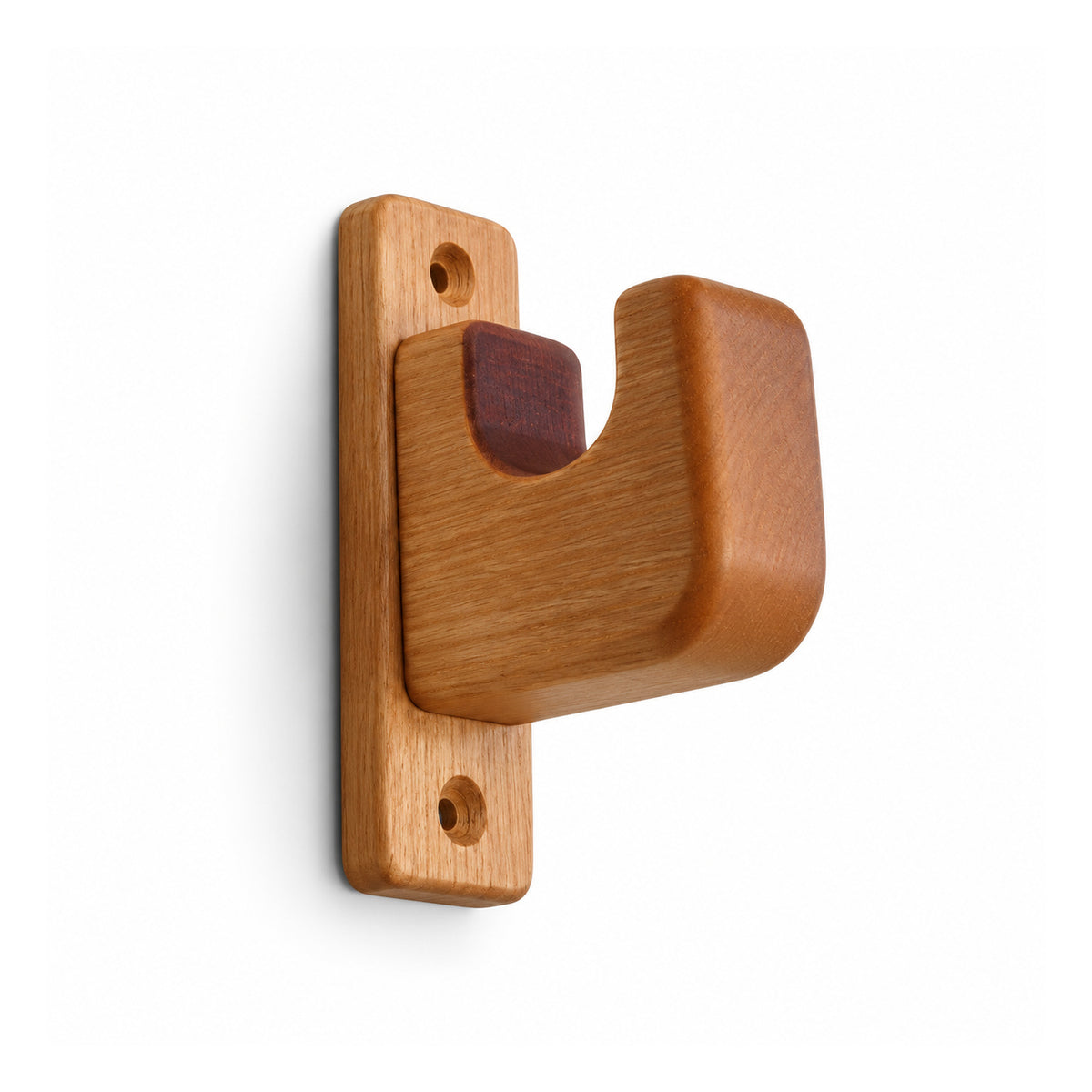 Single warm chestnut brown J-shaped wooden wall hook projecting from a rounded rectangular backplate with two mounting holes