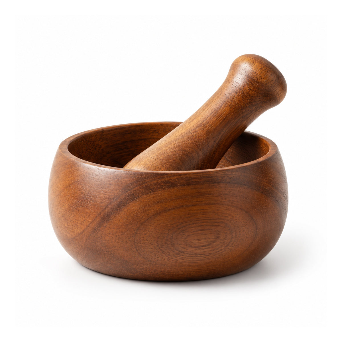 Rounded wooden mortar and pestle set in warm brown wood with visible grain, deep bowl and stout pestle on white background