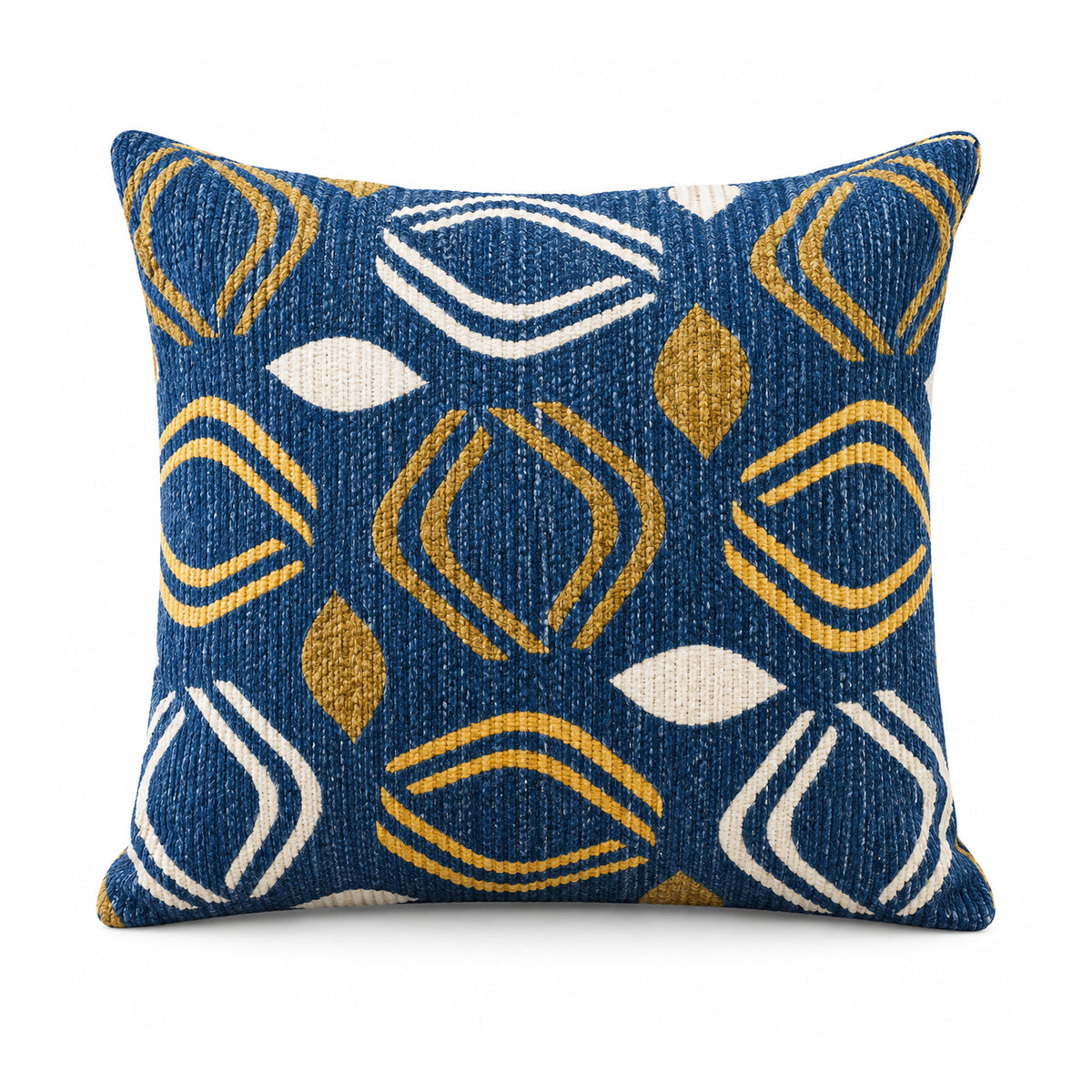 Primeval royal blue, mustard gold and white cushion cover with bold retro-inspired geometric shapes
