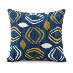 Primeval royal blue, mustard gold and white cushion cover with bold retro-inspired geometric shapes