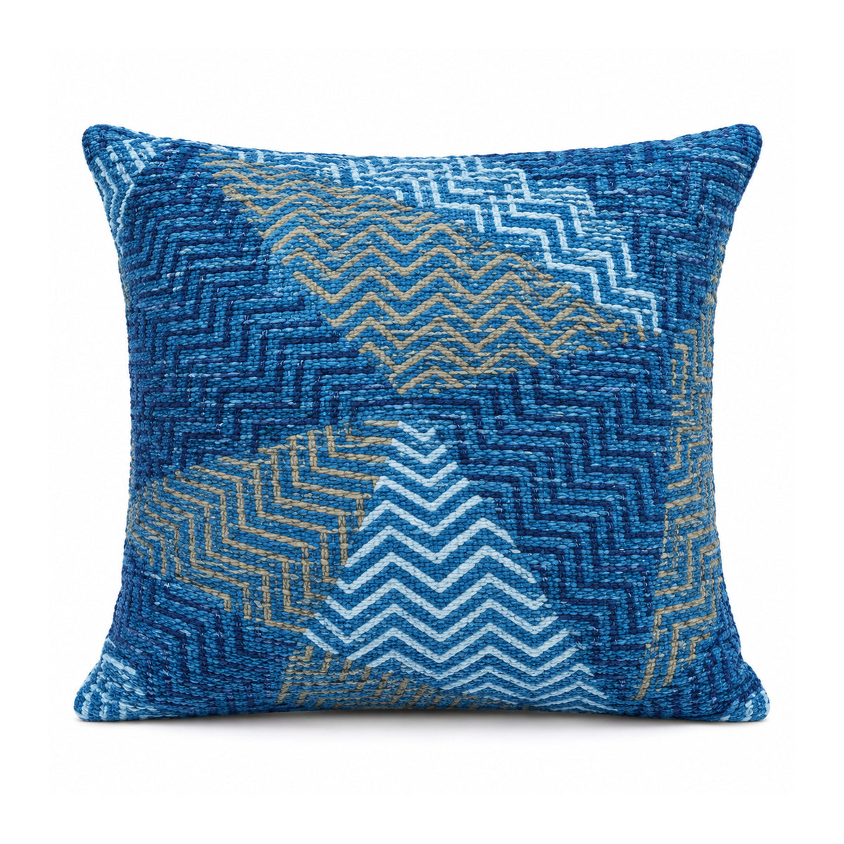 Primeval deep royal blue and ochre mustard cushion cover with layered abstract zigzag-chevron patchwork motifs