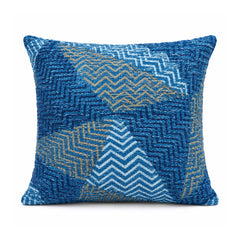 Primeval deep royal blue and ochre mustard cushion cover with layered abstract zigzag-chevron patchwork motifs