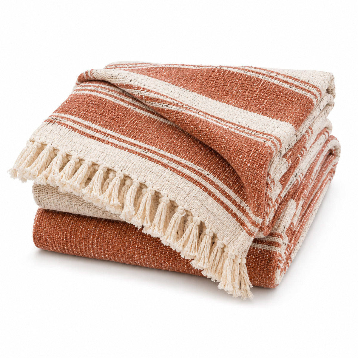 Rust and Cream Wide Stripe Woven Throw with Fringe - Primeval