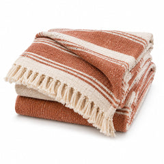 Rust and Cream Wide Stripe Woven Throw with Fringe - Primeval
