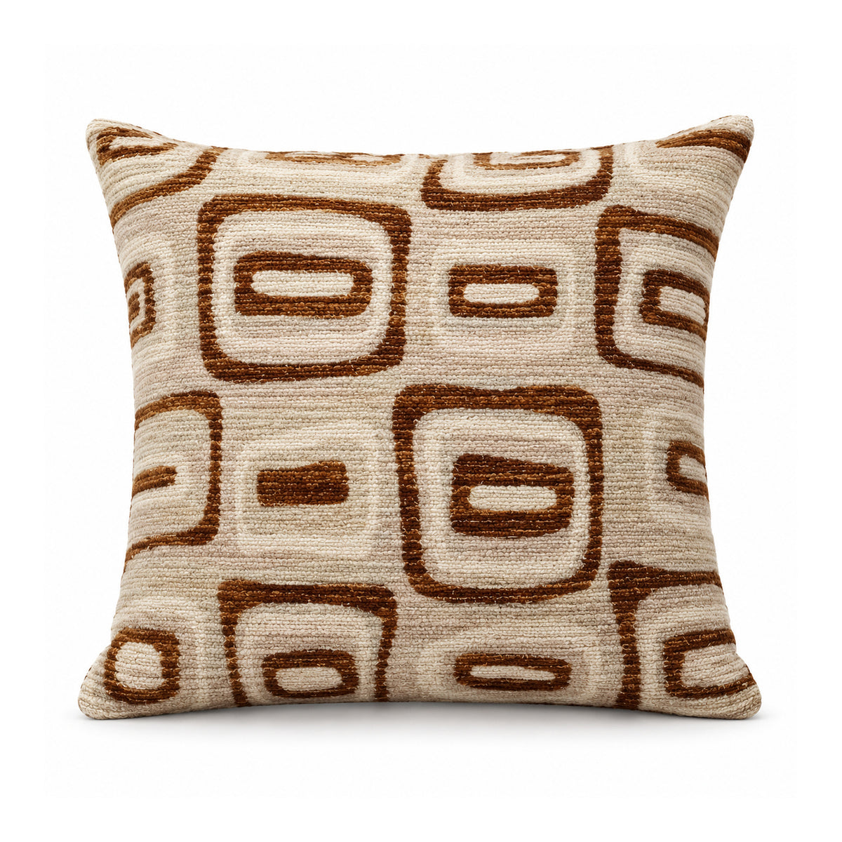 Primeval rust brown and cream cushion cover with bold rounded-square and rectangular geometric motifs