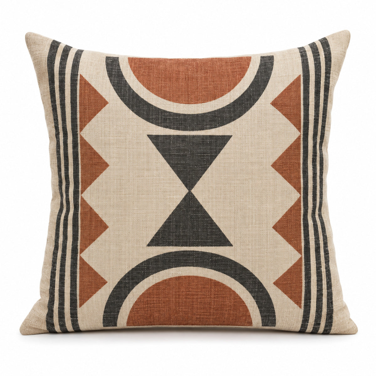 Ivory decorative cushion with rust and charcoal bold geometric pattern