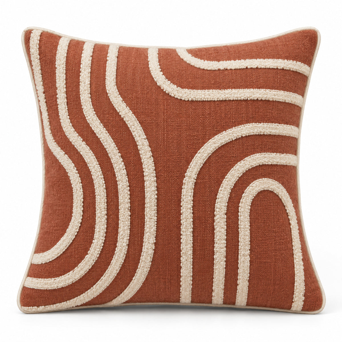 Rust decorative cushion with ivory abstract curved wave lines